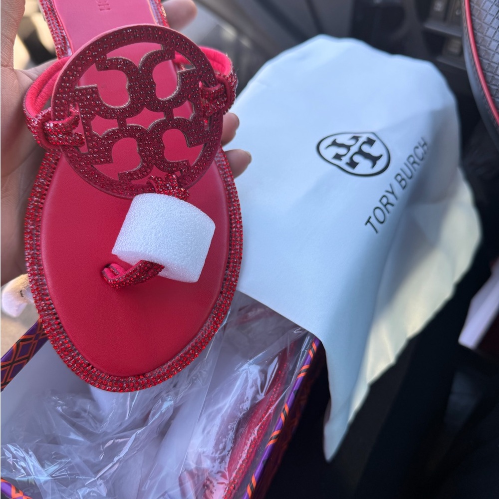Tory Burch Red Glitter Miller Logo Thong Sandal